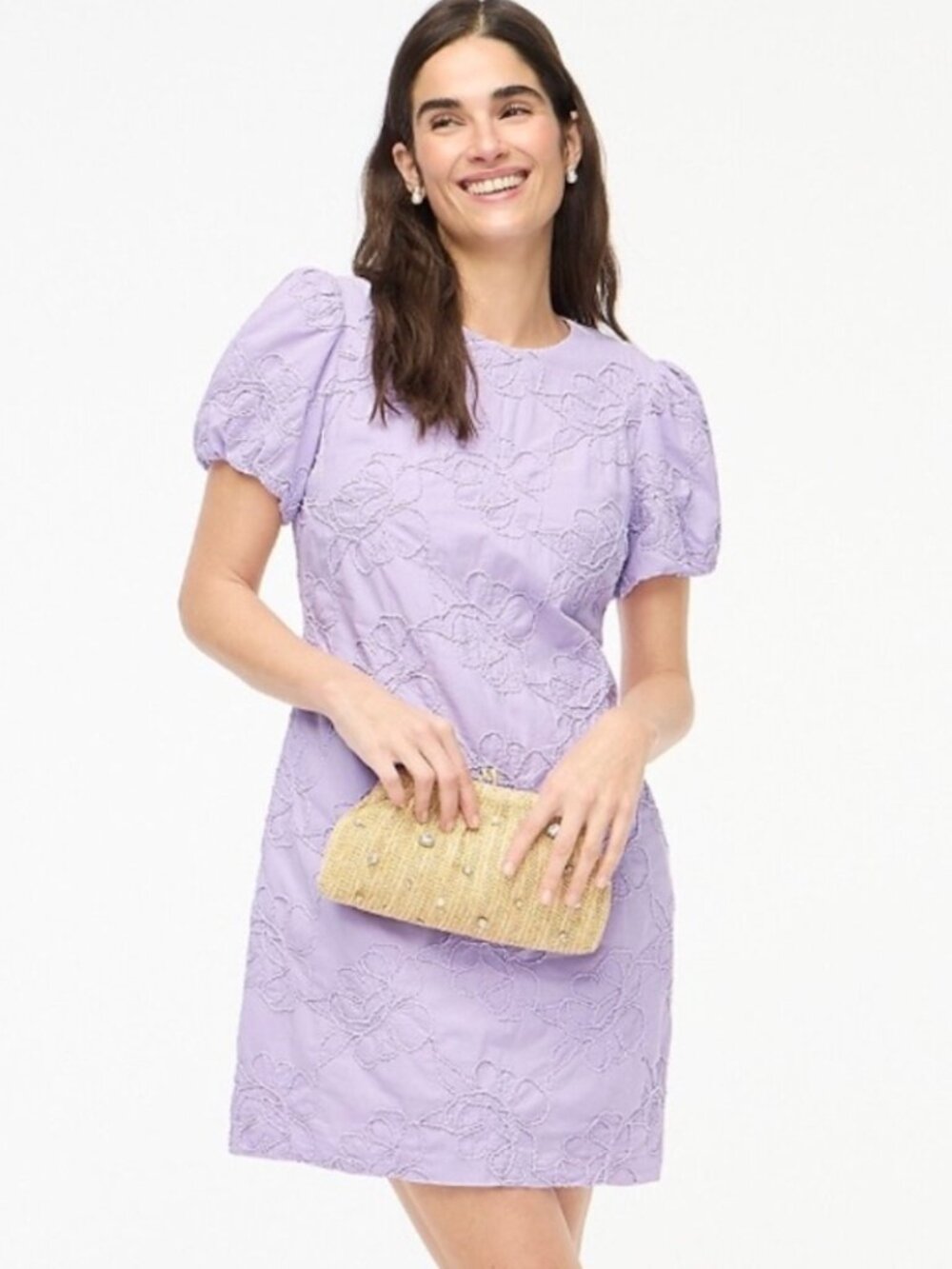 J. Crew Embroidered Cotton Puff-Sleeve Mini Shift Dress Lilac Purple Pockets, 00
